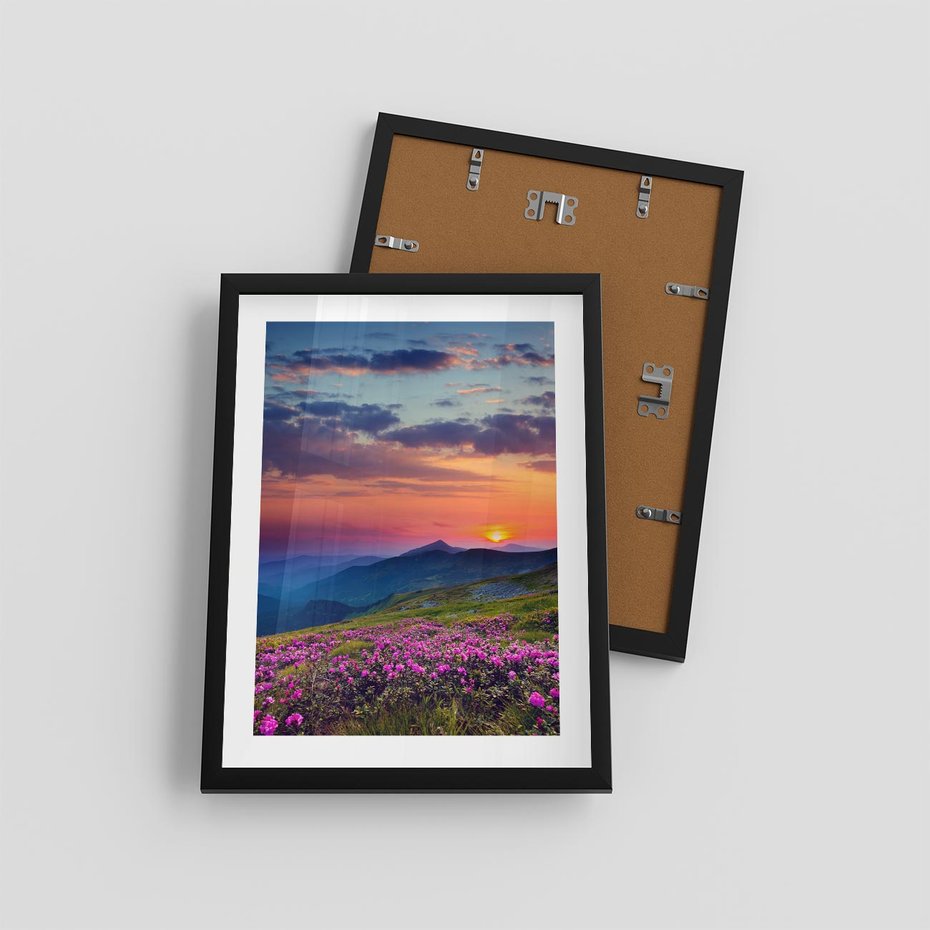 Plakat w ramie 30x40 - Górski Zachód - góry, łąka - rama czarna