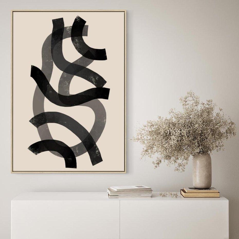 Obraz w ramie 50x70 - Strukturalne Odbicia Innowacji - zaplątane minimalistyczne linie, na bezowym tle - rama drewno