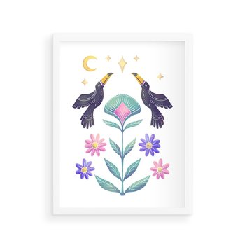 Plakat w ramie 30x40 - Przenikająca Dżungla - boho plakat, tukany - rama biała