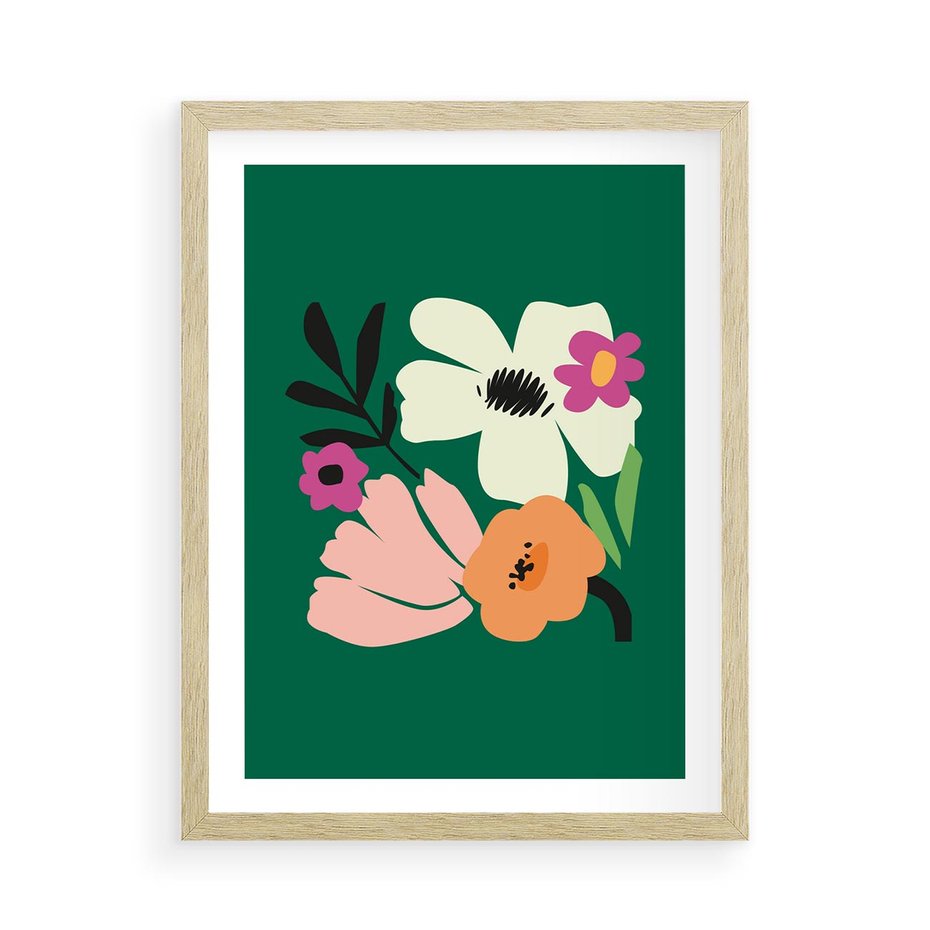 Plakat w ramie 50x70 - Rozbijające Echa - abstrakcyjne kwiaty, zielone tło - rama drewno