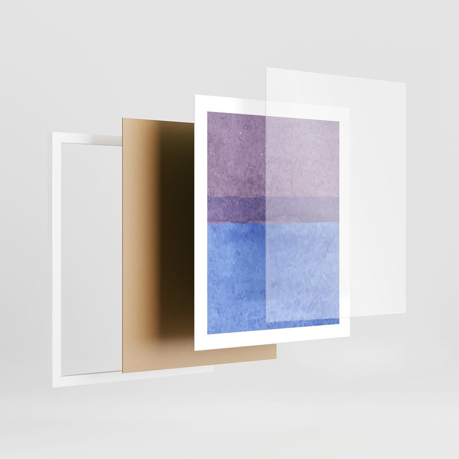 Plakat w ramie 40x50 - Taniec Światła - kolorowe akwarelowe pasy, odcienie fiolet - rama biała