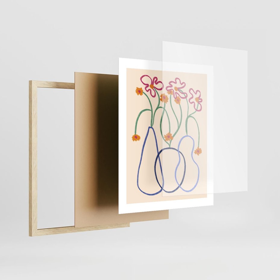 Plakat w ramie 40x50 - Migocące Pastelowe Impresje - minimalistyczny abstrakcyjny obraz, prymitywne kwiatki - rama drewno