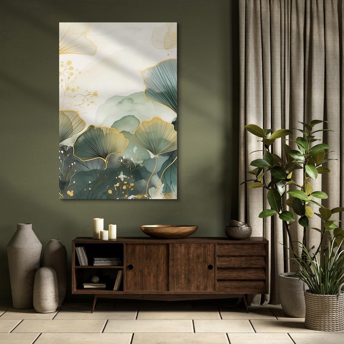 Obraz na płótnie 70x100 - Natura w Złotym Odcieniu - złote elementy, liście miłorzębu japońskiego