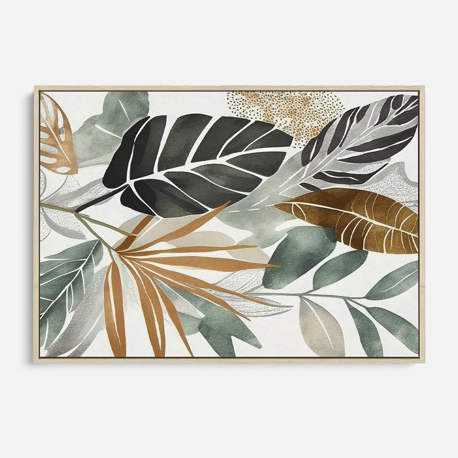 Obraz w ramie 70x50 - Współbrzmienie wewnętrznego ja - kompozycja z tropikalnych liści, stonowane kolory - rama drewno