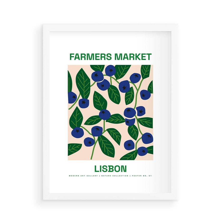 Plakat w ramie 50x70 - Migotliwe Przestrzenie - borówki, jagody - rama biała