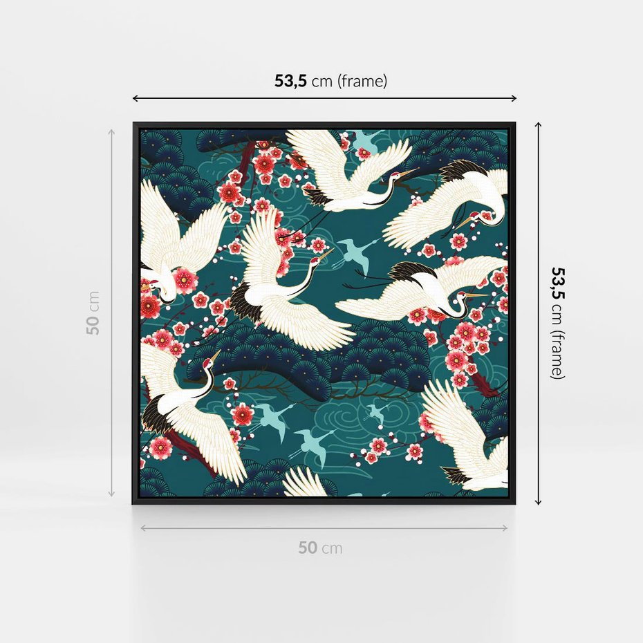 Obraz w ramie 50x50 - Żurawie Wachlarze - orientalne japońskie żurawie, grafika - rama czarna