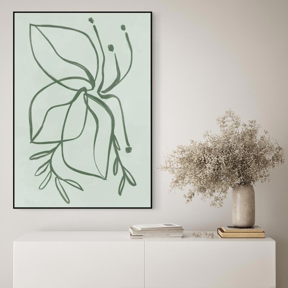 Obraz w ramie 50x70 - Energetyczne Odrodzenie Natury - abstrakcyjne delikatne zielone linie, podobne do gałęzi kwiatów - rama czarna