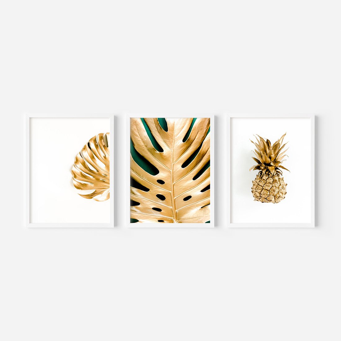 Zestaw obrazy w ramie 30x40 galeria - Złoty, ananas, monstera, gold - rama biała