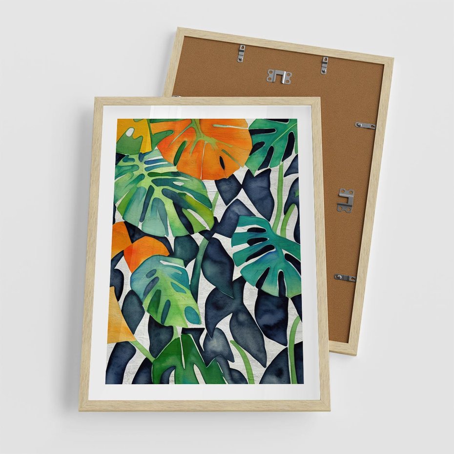 Plakat w ramie 50x70 - Tropikalne Pragnienia - akwarela, liście tropikalne - rama drewno