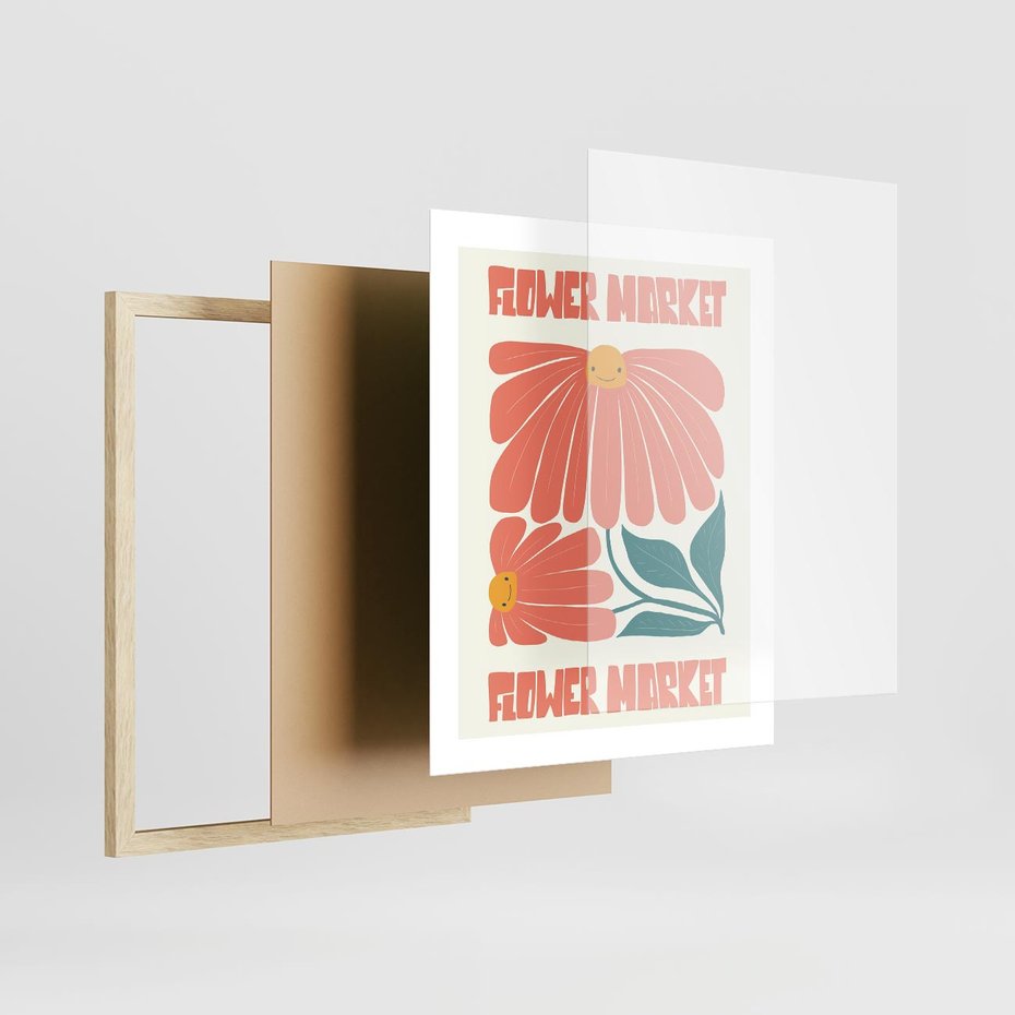 Plakat w ramie 40x50 - Grafika Pełna Radości - wesoła grafika, uśmiechnięte kwiaty - rama drewno