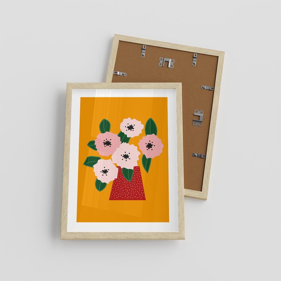 Plakat w ramie 30x40 - Harmonijne Granice - abstrakcyjne kwiaty, żółte tło - rama drewno