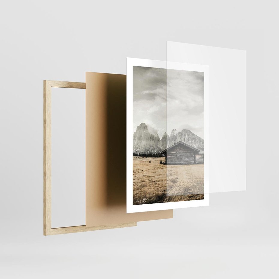 Plakat w ramie 50x70 - Surowa Przestrzeń i Górski Ustronny Azyl - chatka w górach, góry - rama drewno