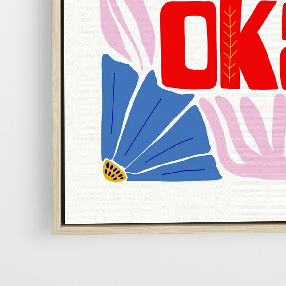 Obraz w ramie 70x100 - Kwiatowa Ekstaza - czerwona pozytywna typografia, kwiatowa kompozycja - rama drewno