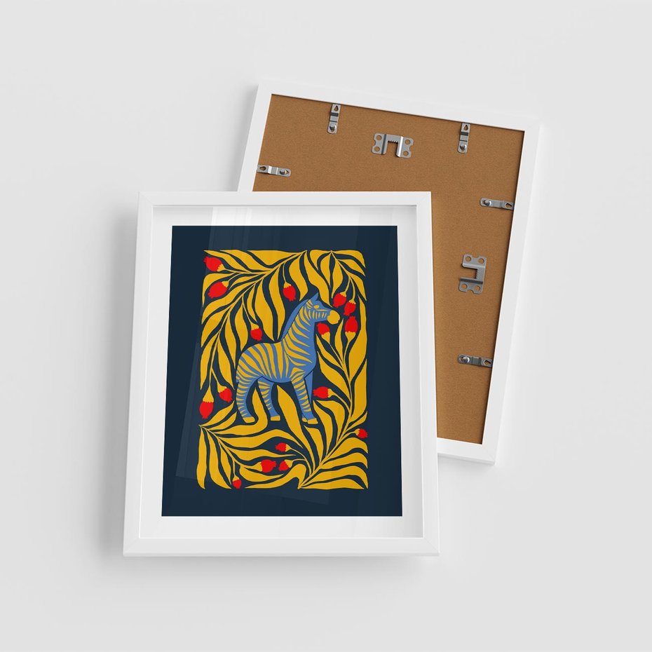 Plakat w ramie 40x50 - Wibracje Wyobraźni - zebra, granatowe tłó - rama biała