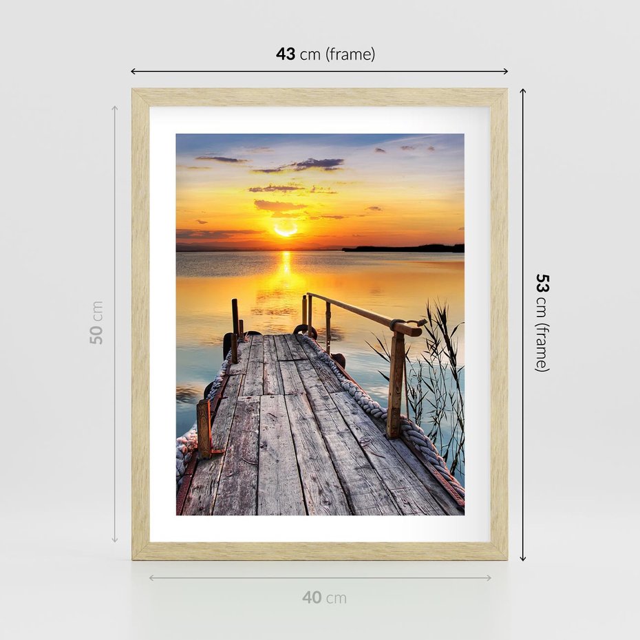Plakat w ramie 40x50 - Zachód nad jeziorem z pomostem - pomost, jezioro - rama drewno
