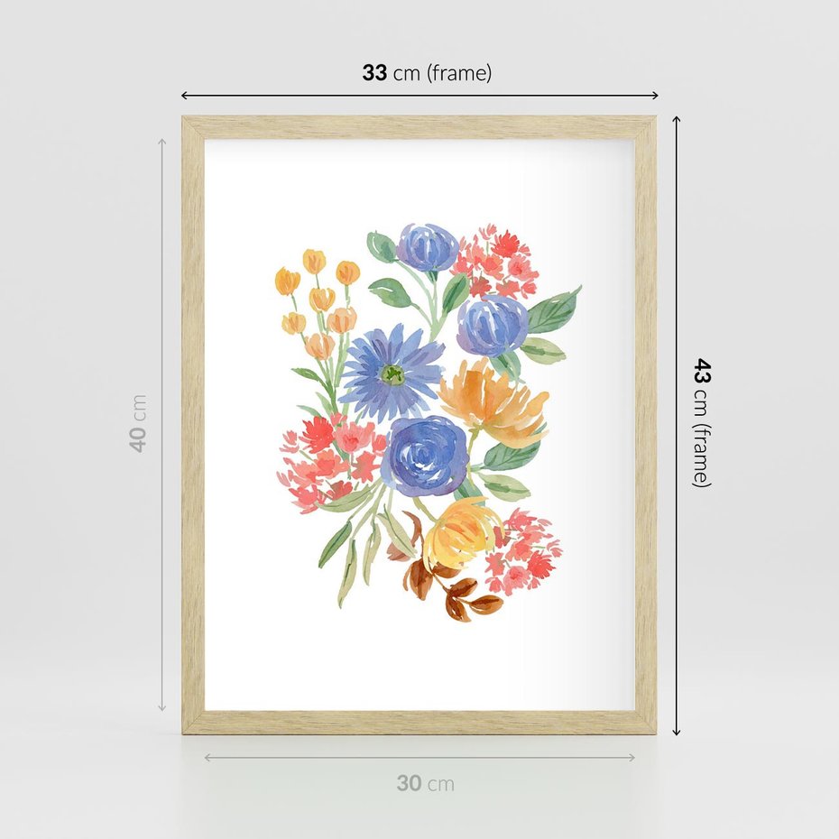 Plakat w ramie 30x40 - Kwiatowe Światło - akwarelowe kwiaty, bukiet - rama drewno