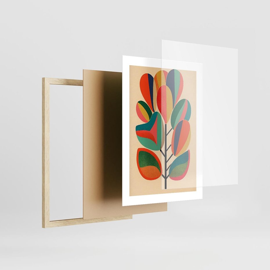 Plakat w ramie 30x40 - Wnętrza Kształtów - abstrakcyjny kolorowy tęczowy obraz, inspiracje roślinne - rama drewno