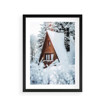 Plakat w ramie 40x50 - Zimowe Ustronie w Lesie - domek w lesie, zimowy las - rama czarna