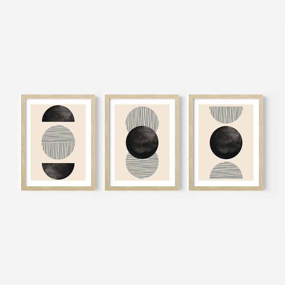 Zestaw obrazy w ramie 50x70 galeria - Geometryczne, grafiki, czarno, biały - rama drewno