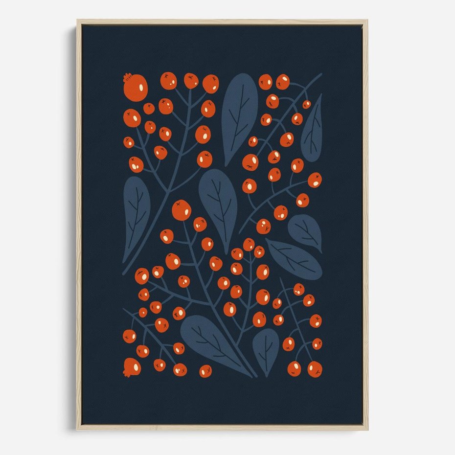 Obraz w ramie 80x120 - Symfonia liści i owoców - granatowe tło, pomarańczowe owoce jarzębiny - rama drewno