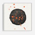 Obraz w ramie 50x50 - Impulsy Kreatywności - abstrakcyjna czarna plama, rozsiane pomarańczowe kropki - rama biała