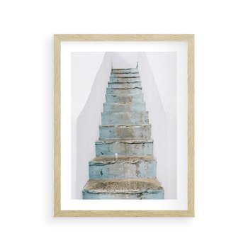 Plakat w ramie 30x40 - Niebieskie Schody Santorini - stare kamienne schody, niebieskie schody - rama drewno
