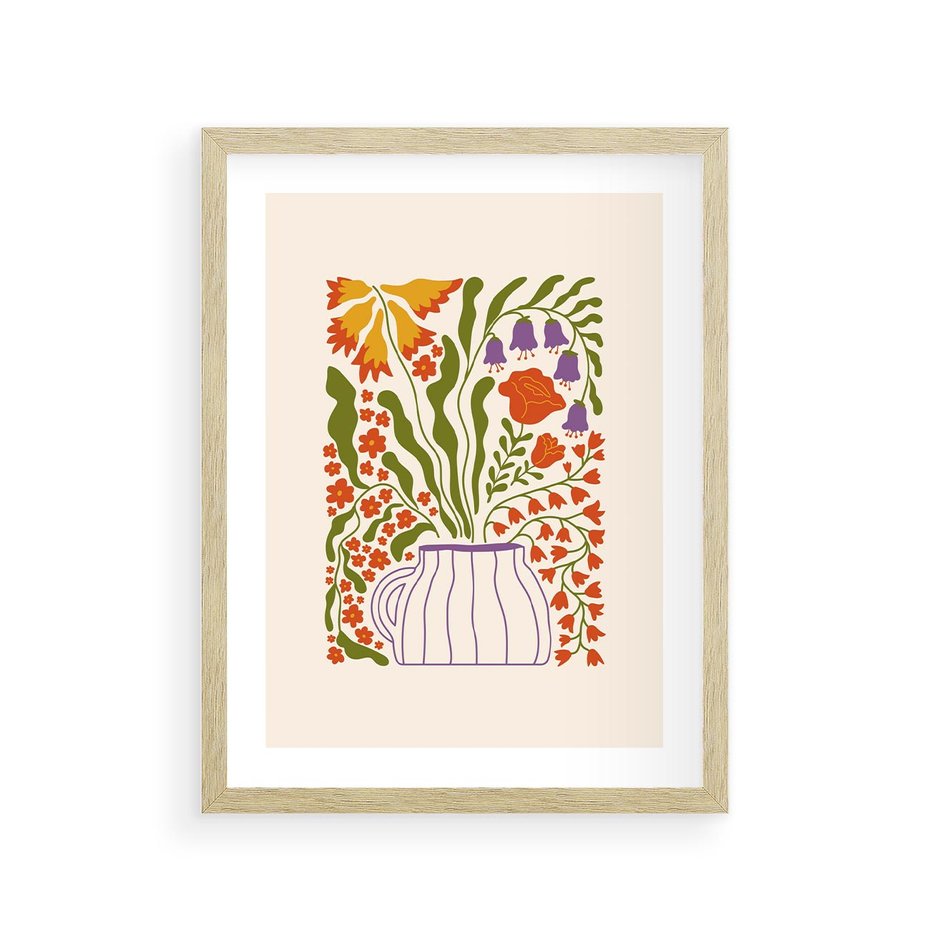 Plakat w ramie 30x40 - Świeżość Kwiatów - kwiaty w wazonie, minimalistyczna kompozycja - rama drewno