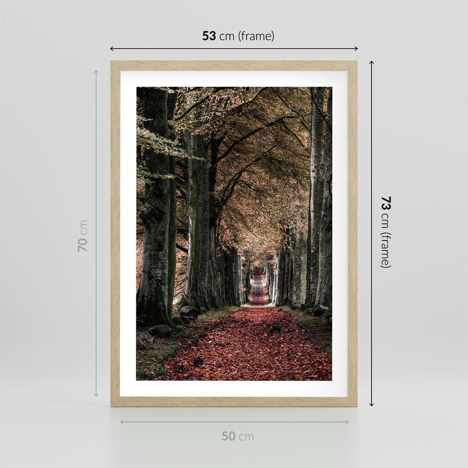 Plakat w ramie 50x70 - Spacer po Leśnej Drodze - ścieżka w lesie, jesień suche liście - rama drewno