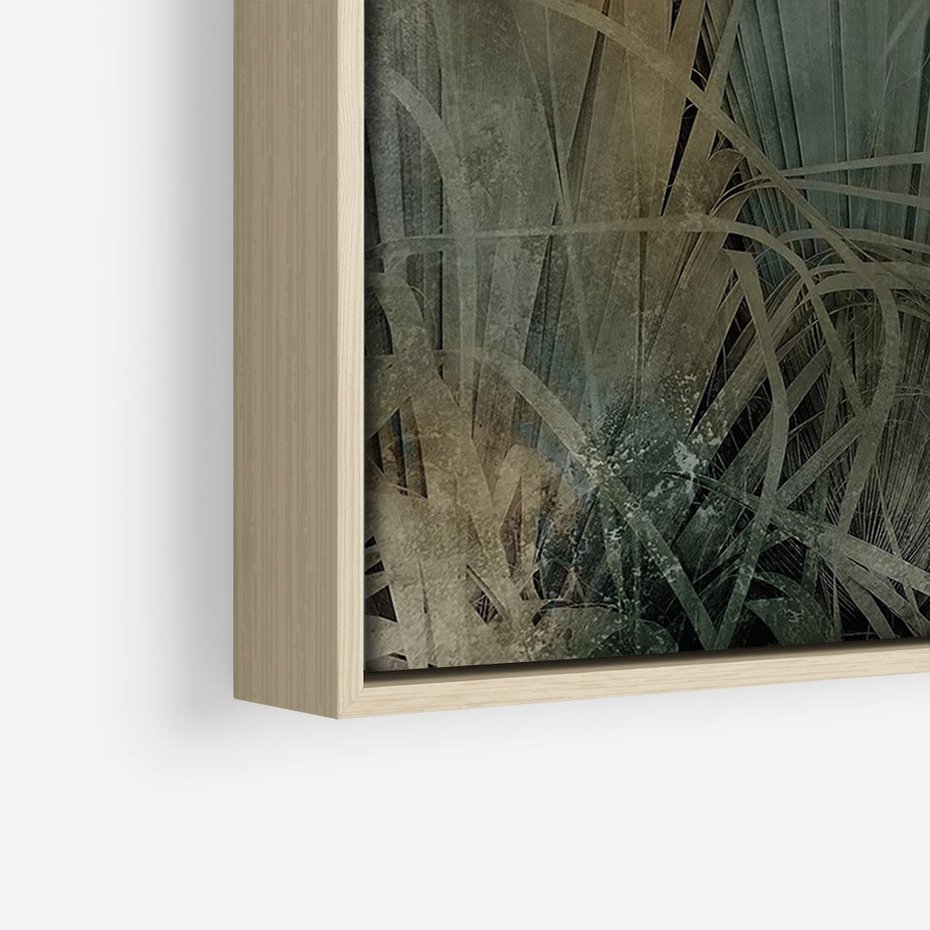 Obraz w ramie 70x50 - Światło w mroku duszy - liście traw, mroczny klimat - rama drewno