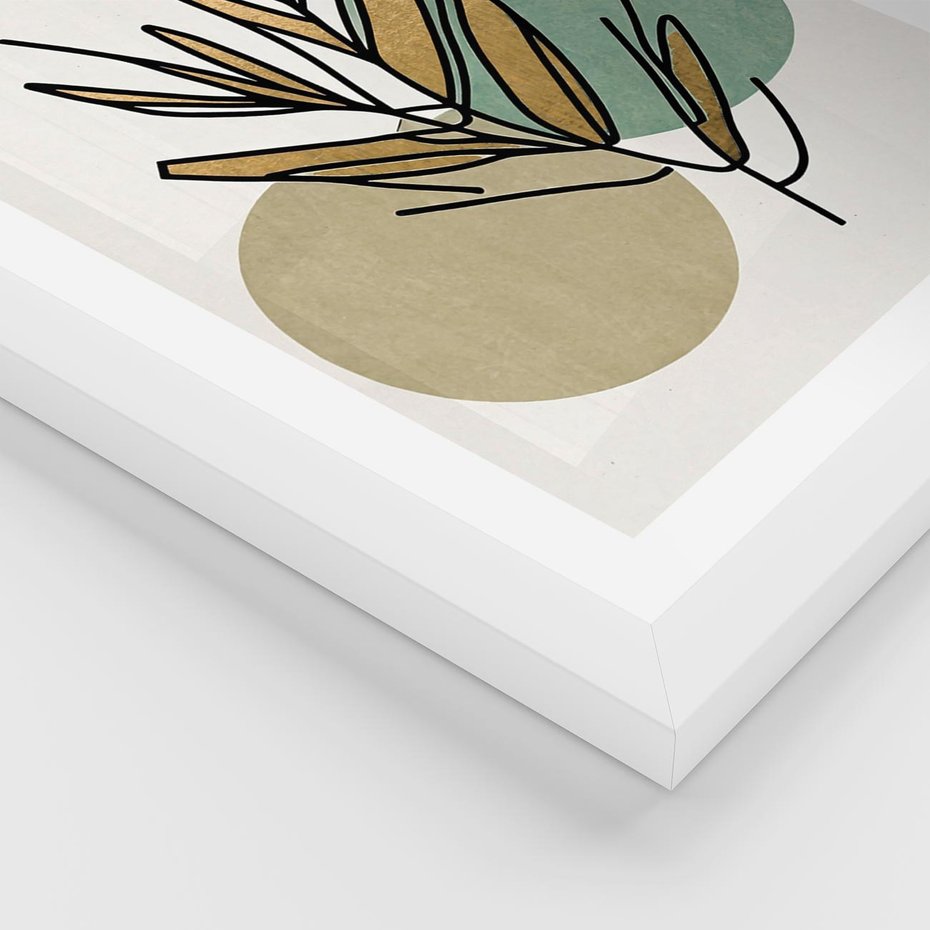 Plakat w ramie 50x70 - Migocące Ścieżki Wizji - abstrakcyjny obraz boho, liście - rama biała