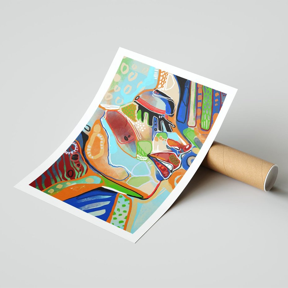 Plakat bez ramy 21x30 - Kolorowe Wnętrza Kształtów - abstrakcyjny portret kobiety, twarz