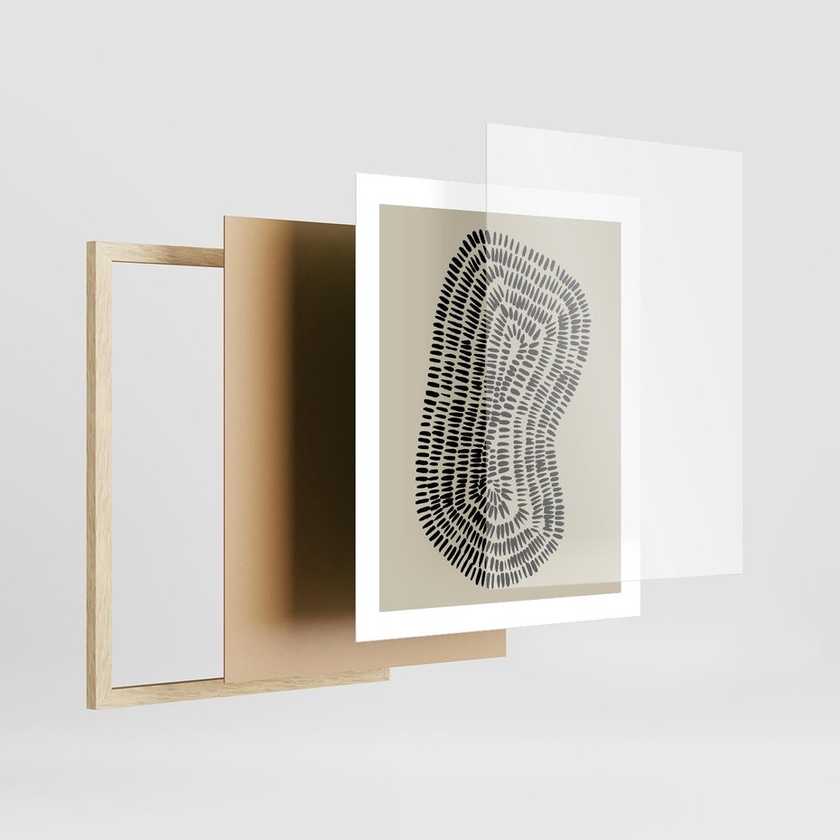 Plakat w ramie 40x50 - Nowoczesne Odbicia Wnętrza - boho plakat, czarne kropki kreski - rama drewno
