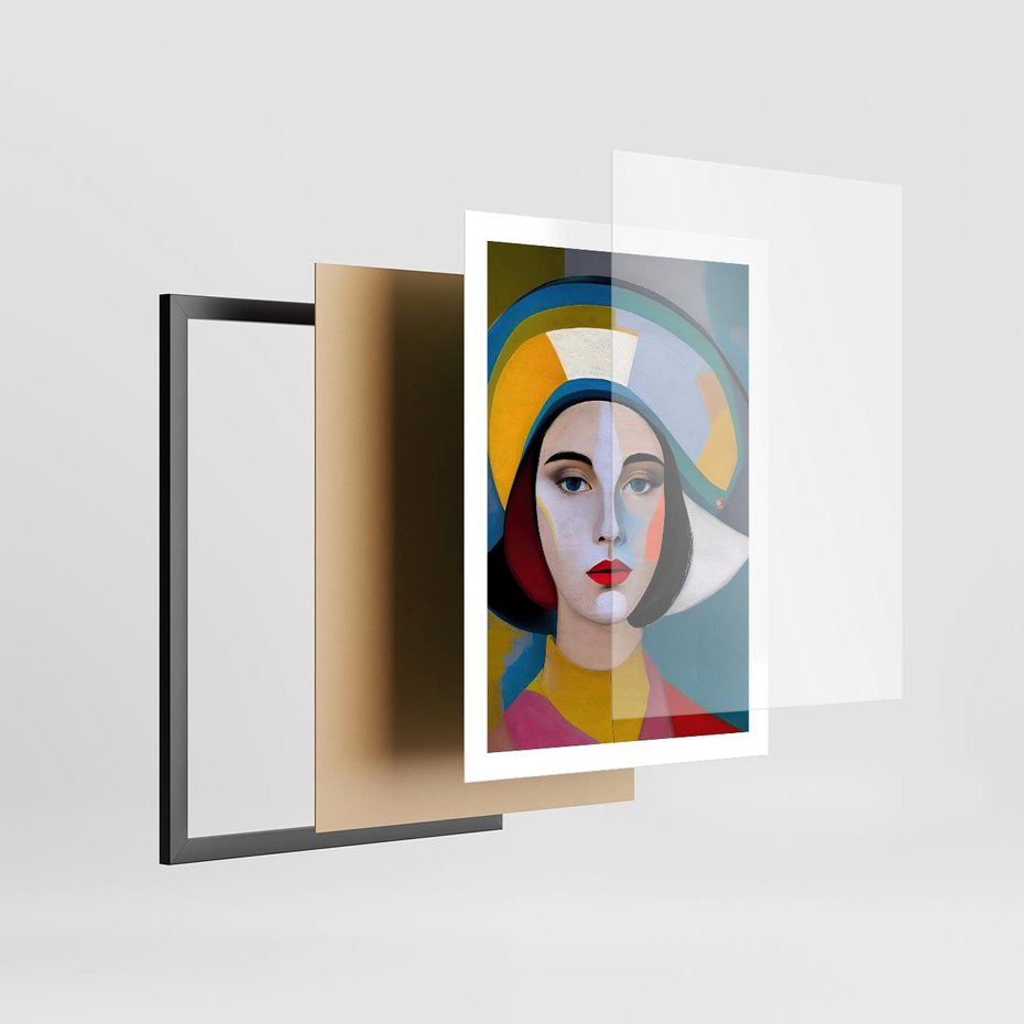 Plakat w ramie 50x70 - Kształtujące Widzenia - abstrakcyjny obraz olejny, portret twarzy kobiety - rama czarna