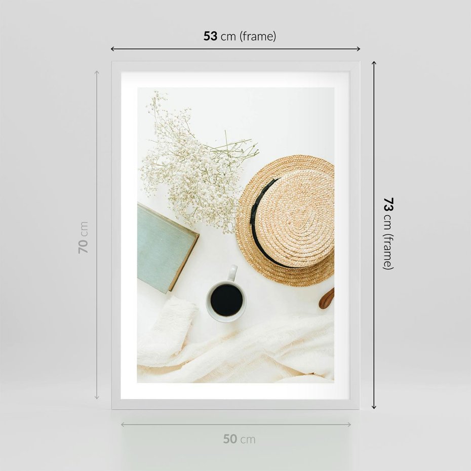 Plakat w ramie 50x70 - Boho Urok - kompozycja boho, slomkowy kapelusz - rama biała