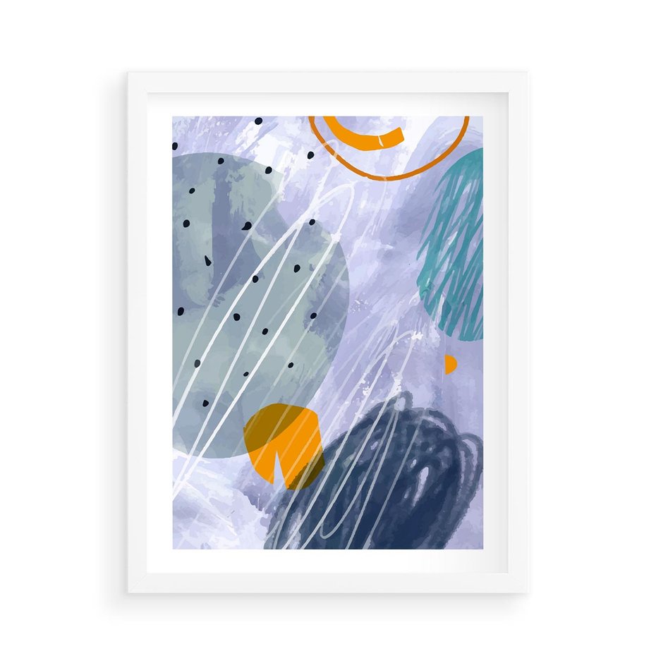 Plakat w ramie 50x70 - Pastelowe Przenikanie - abstrakcyjny plakat do młodzieżowego pokoju, granaty fiolety - rama biała