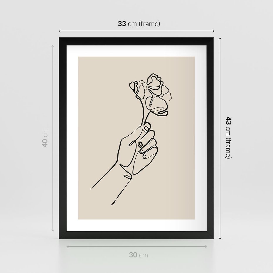 Plakat w ramie 30x40 - Szkic Kwiatu - kwiat w dłoni, szkic - rama czarna