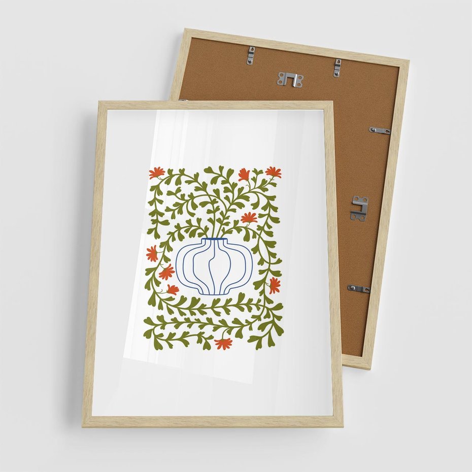 Plakat w ramie 50x70 - Wewnętrzne Fale - kwiaty w wazonie, minimalizm - rama drewno