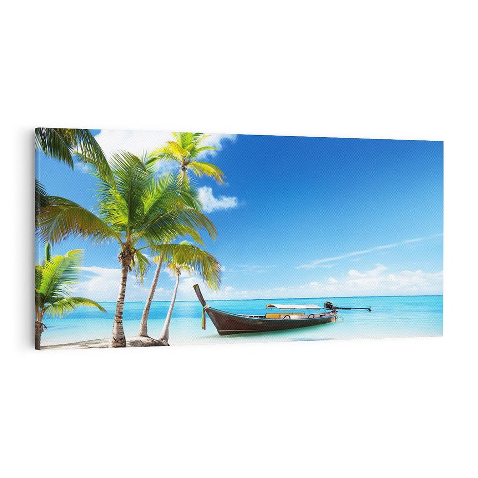 Obraz na płótnie 140x70 - Sielska plaża z łodzią na morzu - plaża, morze