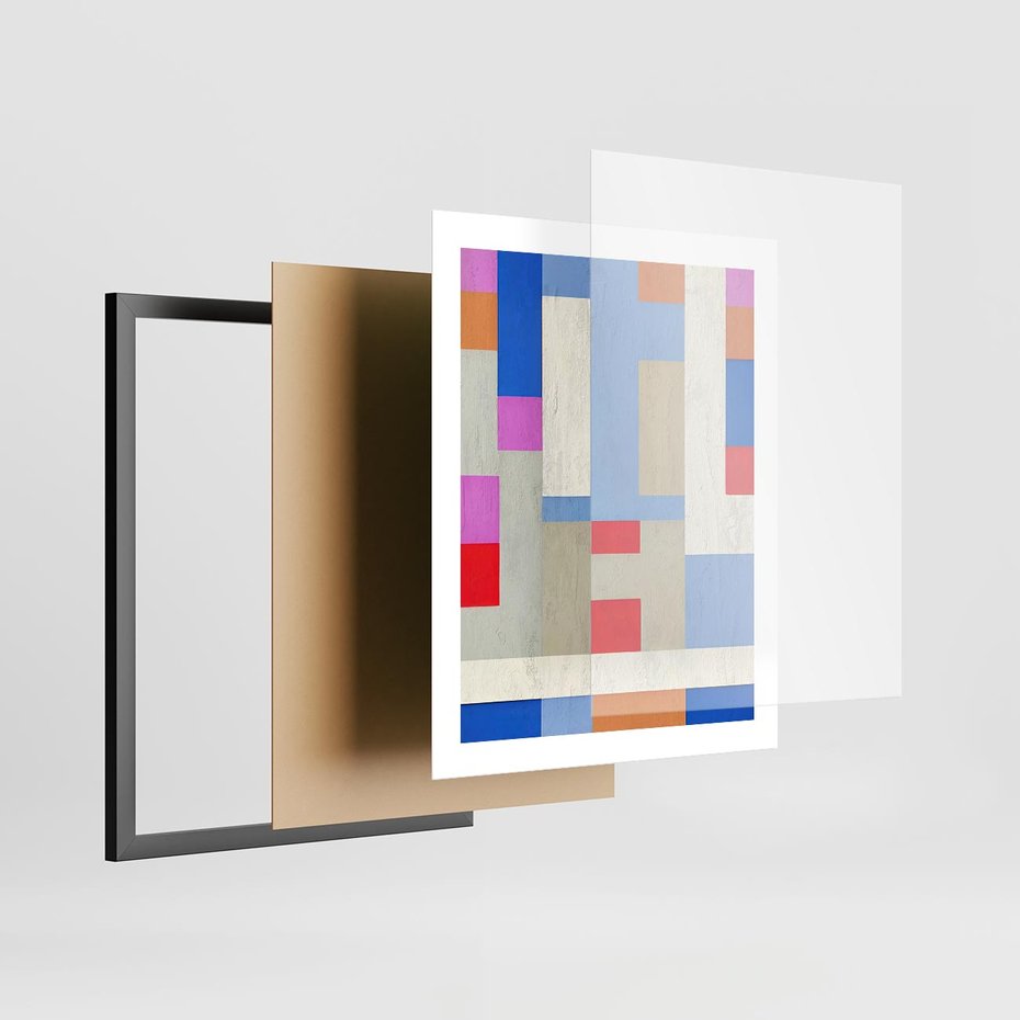 Plakat w ramie 40x50 - Bezczasowe Przenikanie Kształtów - abstrakcyjne geometryczne kształty, olejny obraz - rama czarna