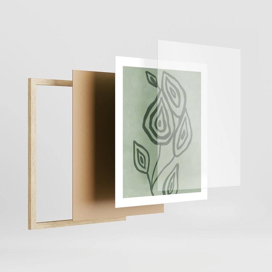 Plakat w ramie 40x50 - Szmaragdowy Oddech - abstrakcyjne delikatne zielone linie, podobne do gałęzi kwiatów - rama drewno