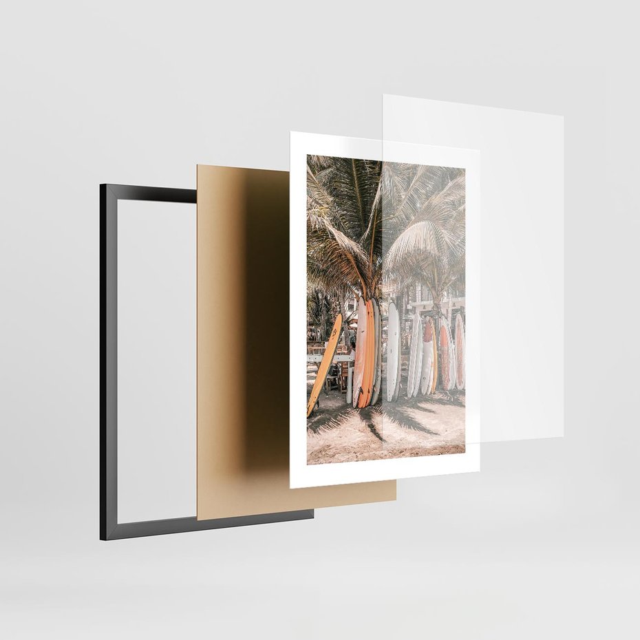 Plakat w ramie 30x40 - Surfingowy Raj - deski surfingowe, na plaży - rama czarna
