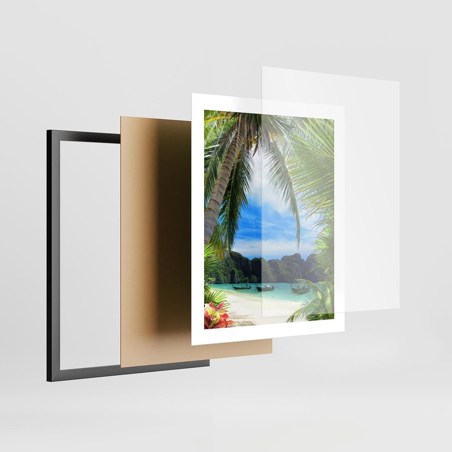 Plakat w ramie 40x50 - Palmy tańczące na tropikalnej plaży - palmy, plaża - rama czarna