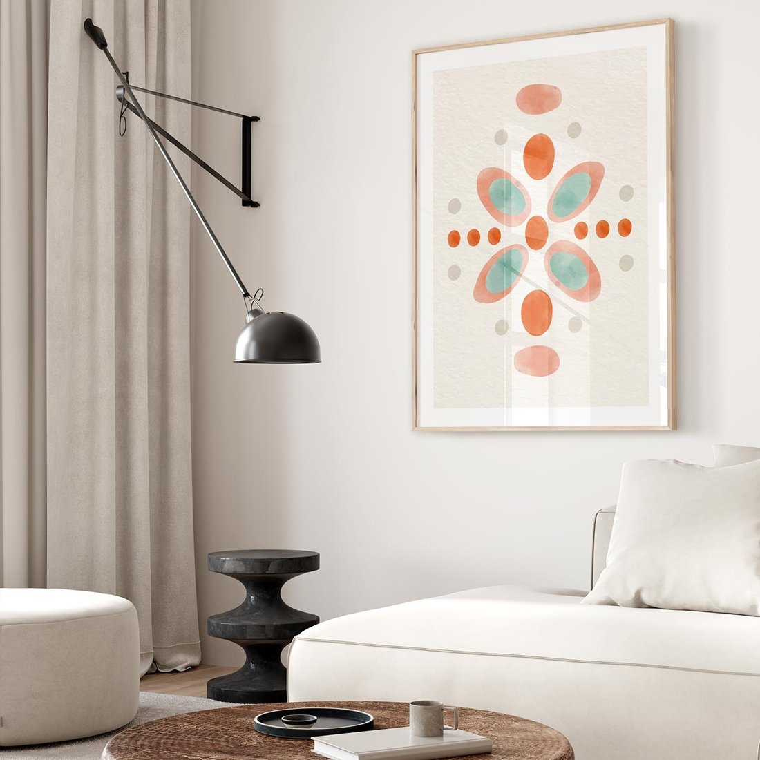 Plakat w ramie 40x50 - Symfonia Natury - abstrakcyjne plamy w odcieniach pomarańczowym, kropki plamki - rama drewno
