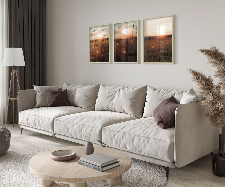 Zestaw obrazy w ramie 50x70 galeria - Zachód, słońca, łąka, kwiaty - rama drewno