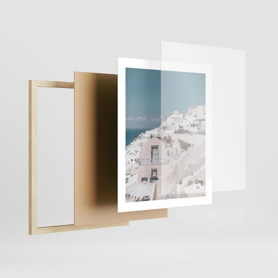 Plakat w ramie 40x50 - Śródziemnomorski Urok - zdjęcie Santorini, białe budynki - rama drewno