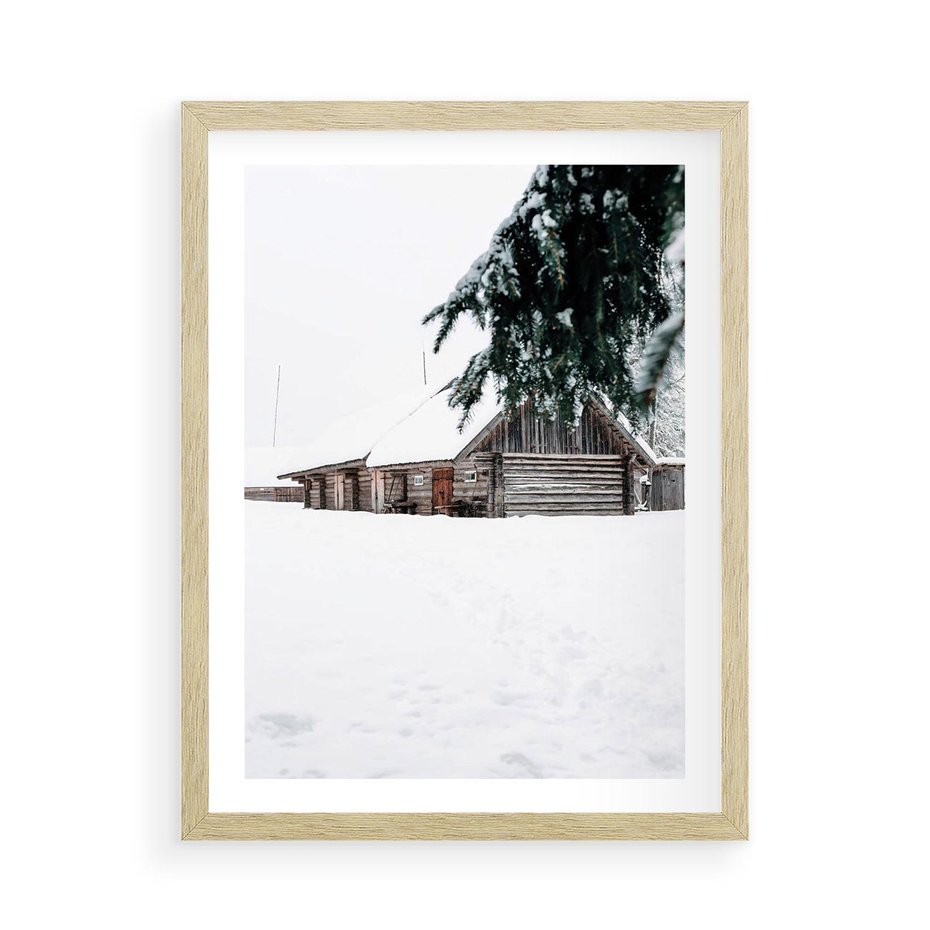Plakat w ramie 50x70 - Zimowy Azyl - domek w górach, śnieg - rama drewno