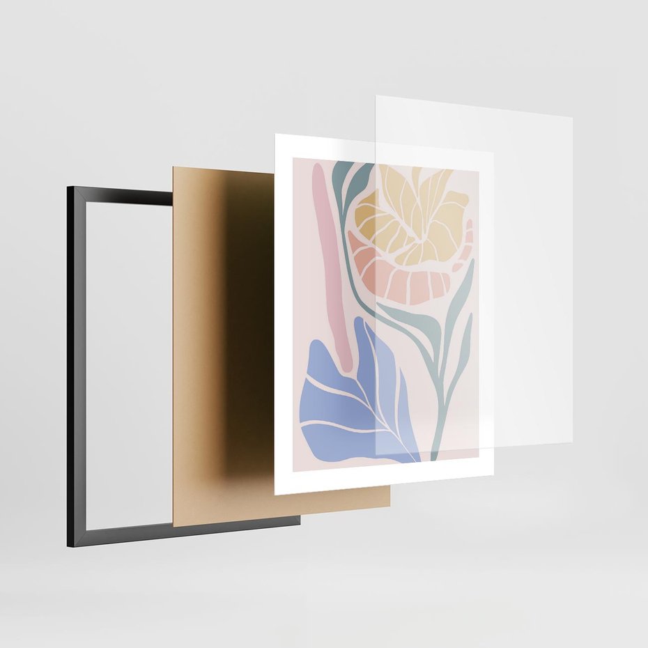 Plakat w ramie 40x50 - Kwiatowe Granice Kształtów - nowoczesny plakat, kwiaty w pastelowych kolorach - rama czarna