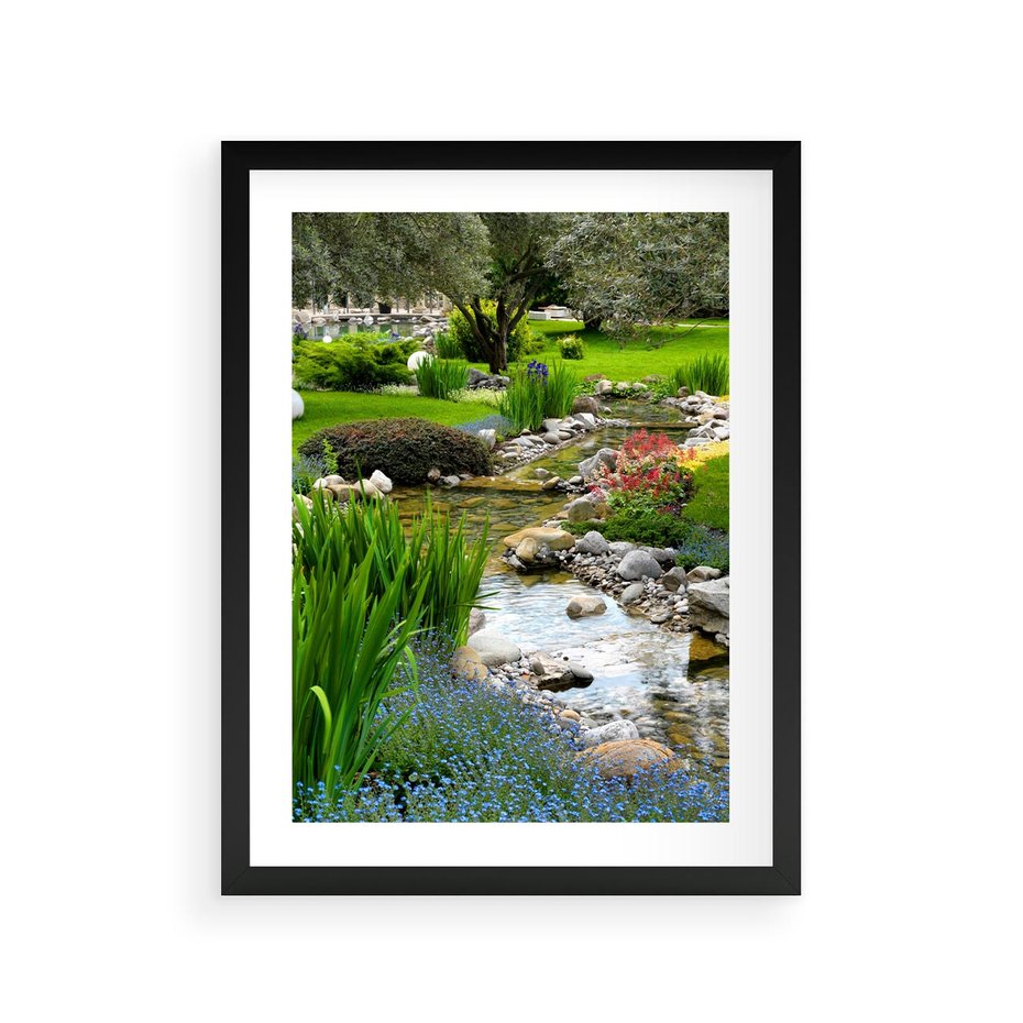 Plakat w ramie 30x40 - Ogródowy Strumyk - strumyk, ogród - rama czarna