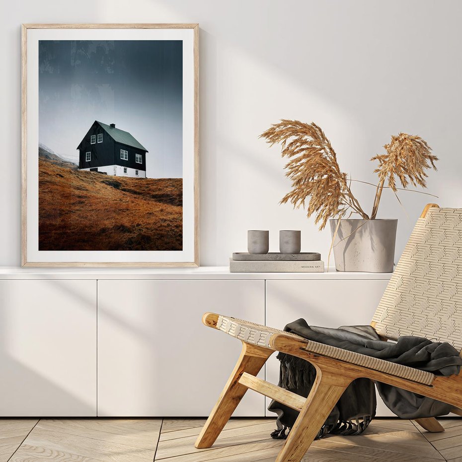 Plakat w ramie 30x40 - Ciepło i Przytulność - skandynawski, domek - rama drewno