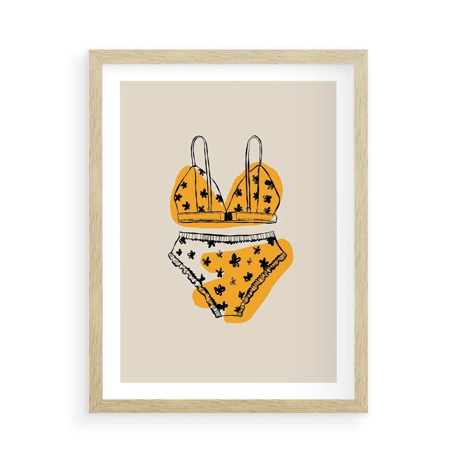 Plakat w ramie 50x70 - Minimalistyczny Szkic Bielizny - minimalistyczna grafika, szkic bielizny - rama drewno